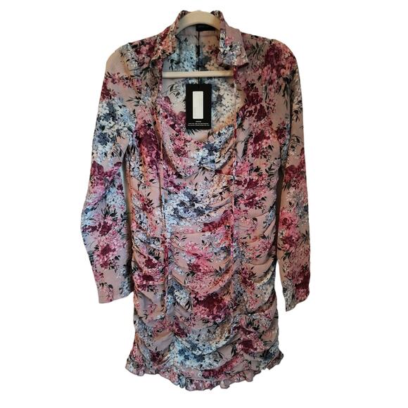 Pretty Little Thing Pink Floral Mini Dress Women's Sz 8 Long Sleeve Lined Ruched - Picture 5 of 16